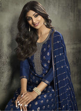 Embroidered Shilpa Shetty Salwar Suit in Navy Blue